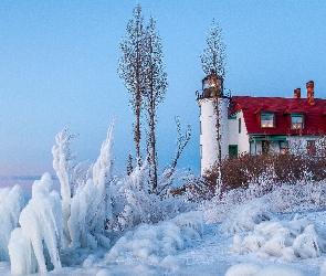 Zima, Lód, Stan Michigan, Stany Zjednoczone, Latarnia morska Point Betsie, Muzeum Point Betsie Light
