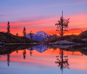 Stan Kalifornia, Jezioro Castle Lake, Stany Zjednoczone, Stratowulkan Mount Shasta, Drzewa, Góry, Odbicie, Zachód słońca
