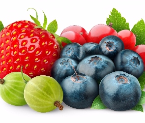 Owoce, Porzeczka czerwona, Tło białe, Truskawka, Agrest, Borówki