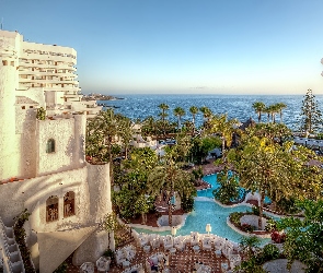 Wyspy Kanaryjskie, Baseny, Teneryfa, Hotel Jardin Tropical, Morze, Costa Adeje, Palmy, Ocean Atlantycki