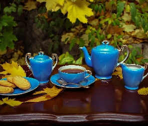 Kompozycja, Herbata, Serwis do kawy, Liście, Niebieski, Ciastka