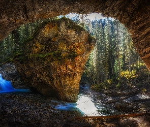 Park Narodowy Banff, Kanada, Poranek, Jaskinia, Skała, Wodospad, Johnston Canyon