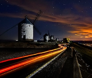 Consuegra, Światła, Droga, Wiatraki, Hiszpania