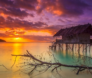Indonezja, Wyspa Mansuar, Konar, Chata, Zachód słońca, Morze