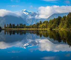 Nowa Zelandia, Góry, Park Narodowy Góry Cooka, Drzewa, Odbicie, Jezioro Lake Matheson