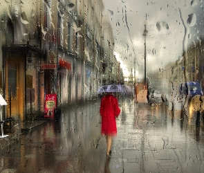 Kobieta, Deszcz, Miasto, Parasolka