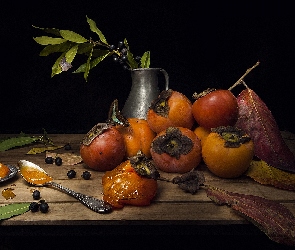 Owoce, Dzbanek, Łyżeczka, Persymony, Kompozycja