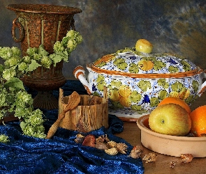 Waza, Pomarańcze, Jabłko, Chmiel, Kompozycja