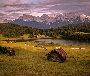 Domy, Lasy, Bawaria, Niemcy, Góry Alpy, Jezioro Wagenbrüchsee