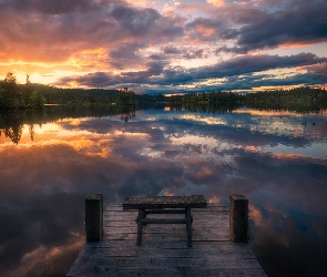 Ringerike, Jezioro Oyangen, Zachód słońca, Drzewa, Pomost, Ławeczka, Norwegia
