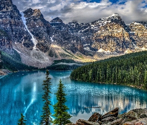 Drzewa, Góry, Prowincja Alberta, Kanada, Park Narodowy Banff, Jezioro Moraine
