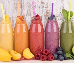 Koktajle, Kiwi, Owocowe, Borówki, Banan, Butelki, Brzoskwinie, Maliny