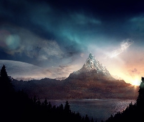 Góry, Chmury, Ciemne, Jezioro, Fantasy