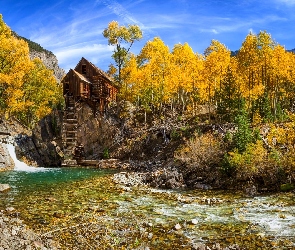 Drzewa, Jesień, Stan Kolorado, Stany Zjednoczone, Rzeka Crystal River, Młyn Crystal Mill