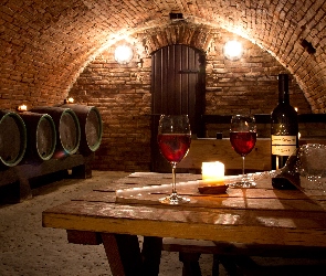 Beczki, Butelka, Kieliszki, Wino, Piwnica