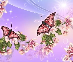Motyle, Grafika 2D, Słońce, Kwiaty