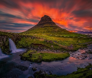 Islandia, Zachód słońca, Wodospad, Góra Kirkjufell