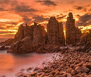 Wyspa Phillip Island, Australia, Kamienie, Morze, Zachód słońca, Skały, Przylądek Cape Woolamai