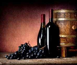 Winogrona, Butelki, Beczka, Wino
