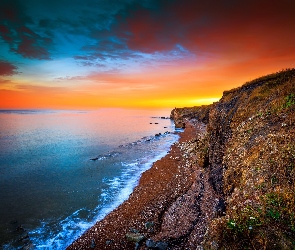 Chmury, Zachód słońca, Hrabstwo Northumberland, Anglia, Morze Północne, Wybrzeże