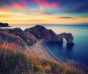 Morze, Anglia, Plaża, Łuk wapienny Durdle Door, Zachód słońca, Skały, Wybrzeże Jurajskie