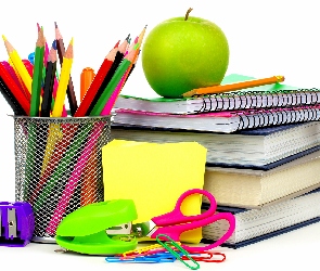 Jabłko, Temperówka, Książki, Przybory, Kredki, Zeszyty