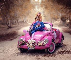 Volkswagen Beetle Convertible, Różowy, Ślub, Para młoda