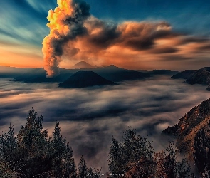 Chmury, Drzewa, Wyspa Jawa, Indonezja, Wulkan Bromo, Góry