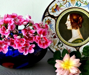 Pelargonie, Róża, Talerz, Ozdobny, Kompozycja