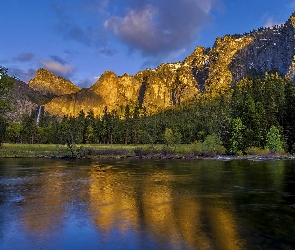 Drzewa, Góry, Stan Kalifornia, Stany Zjednoczone, Park Narodowy Yosemite, Rzeka Merced