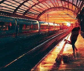 Para, Przywitanie, Dworzec, Grafika, Peron, Pociąg