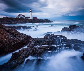 Morze, Latarnia morska Portland Head Light, Stan Maine, Skały, Cape Elizabeth, Stany Zjednoczone, Zatoka Casco