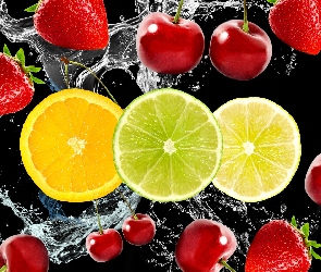 Pomarańcza, Truskawki, Owoce, Limonka, Woda, Cytryna, Tło czarne, Czereśnie