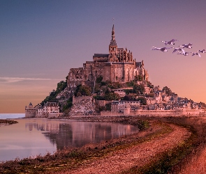 Ptaki, Morze, Wyspa Mont Saint-Michel, Francja, Zatoka Wzgórza Świętego Michała, Opactwo św. Michała Archanioła