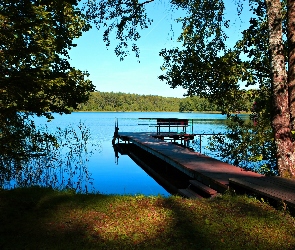 Jezioro, Lato, Ławeczka, Drzewa, Pomost