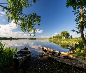 Białoruś, Lato, Łódki, Drzewa, Rzeka