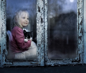 Dziewczynka, Okno, Stare, Kot