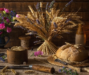 Kwiaty, Chleb, Kompozycja, Bukiet, Naczynia, Zboże, Lampa naftowa, Sierp
