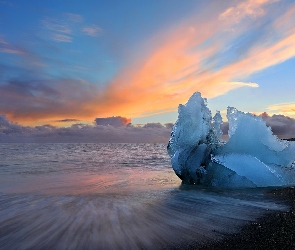 Islandia, Zachód słońca, Bryła, Lód, Jezioro Jökulsárlón
