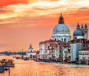  Włochy, Wenecja, Zachód słońca, Bazylika św. Marka, Domy, Kanał Canal Grande