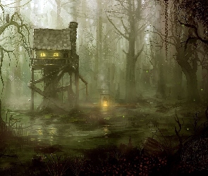Domek, Mgła, Fantasy, Las