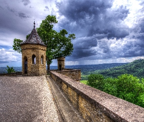 Baszta, Widok, Badenia-Wirtembergia, Drzewo, Taras, Niemcy, Zamek Hohenzollern