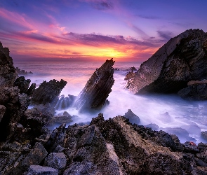 Portugalia, Alcabideche, Zachód Słońca, Morze, Skały, Praia da Grota