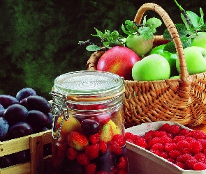 Owoce, Słój, Koszyk, Maliny, Jabłka, Śliwki