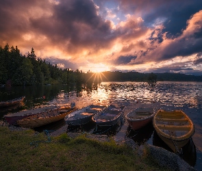 Ringerike, Norwegia, Drzewa, Jezioro Øyangen, Łódki, Las, Zachód słońca