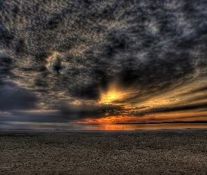 Słońca, Plaża, Morze, Chmury, Zachód