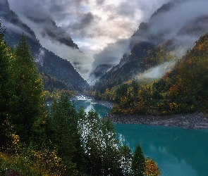 Drzewa, Rzeka, Góry, Jesień, Mgła, Szwajcaria, Alpy Szwajcarskie