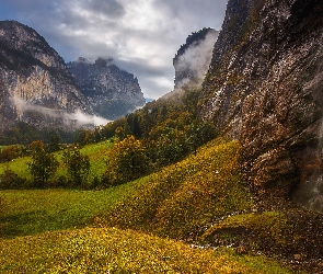 Jesień, Oberland Berneński, Szwajcaria, Skały, Drzewa, Góry Alpy, Trawa, Dolina Lauterbrunnental