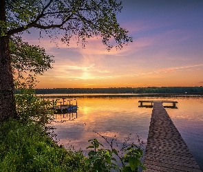 Pomost, Roślinność, Drzewo, Zachód słońca, Jezioro