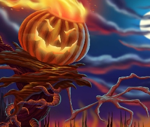 Hallowen, Księżyc, Dynia, Chmury